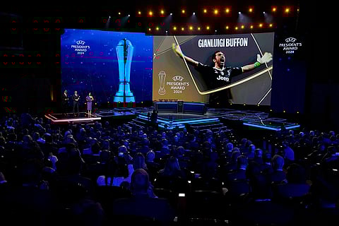 2024-25 UEFA Champions League Draw: Former Juventus and PSG Italian goalkeeper Gianluigi Buffon career highlights are shown on the screen
